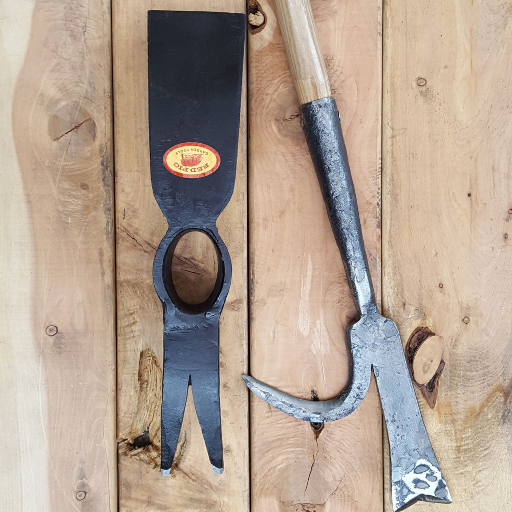 Forged berry hook side by side with the berry hoe head.