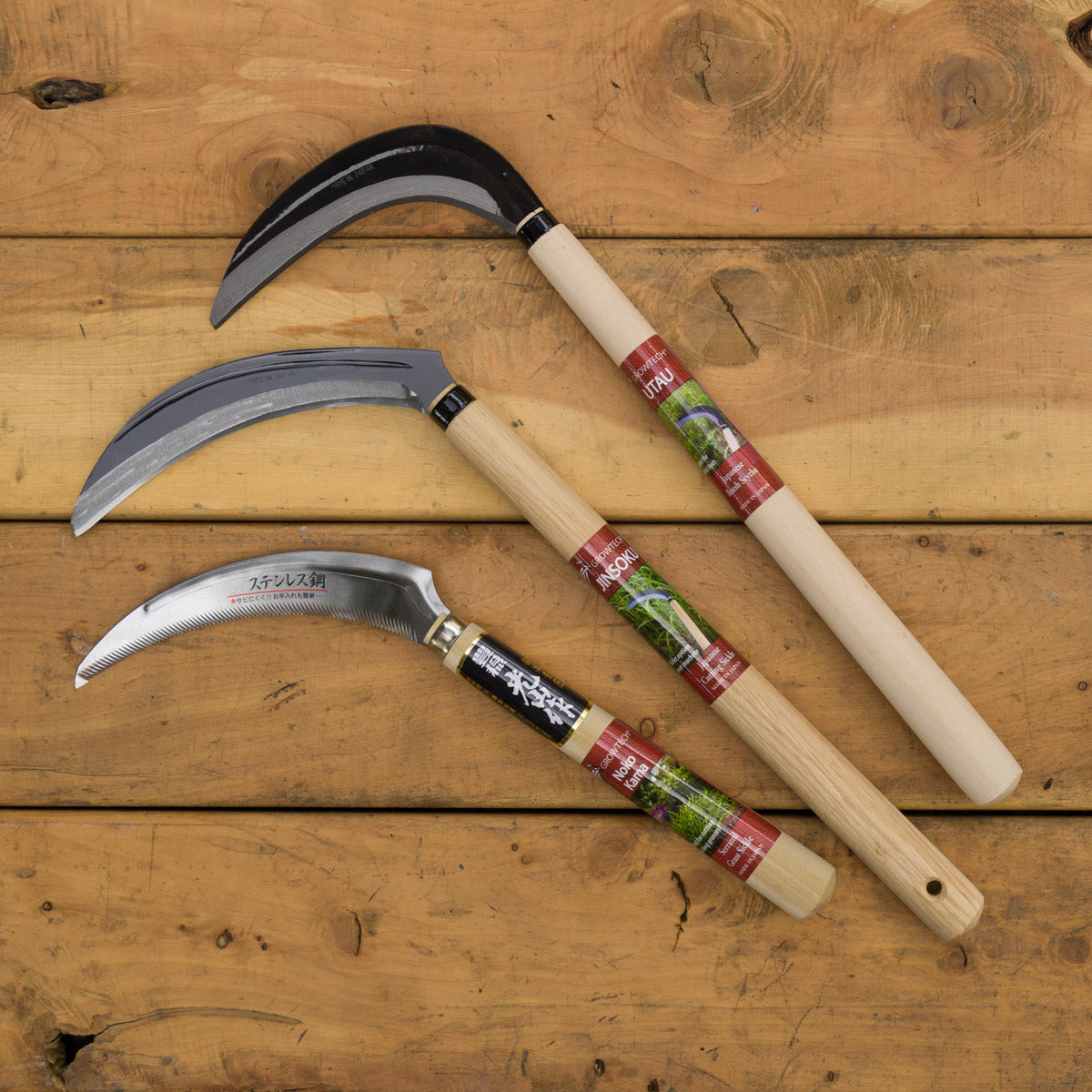 Other sickles and scythes are (from the left) the noko kama, utau, and jinsoku.