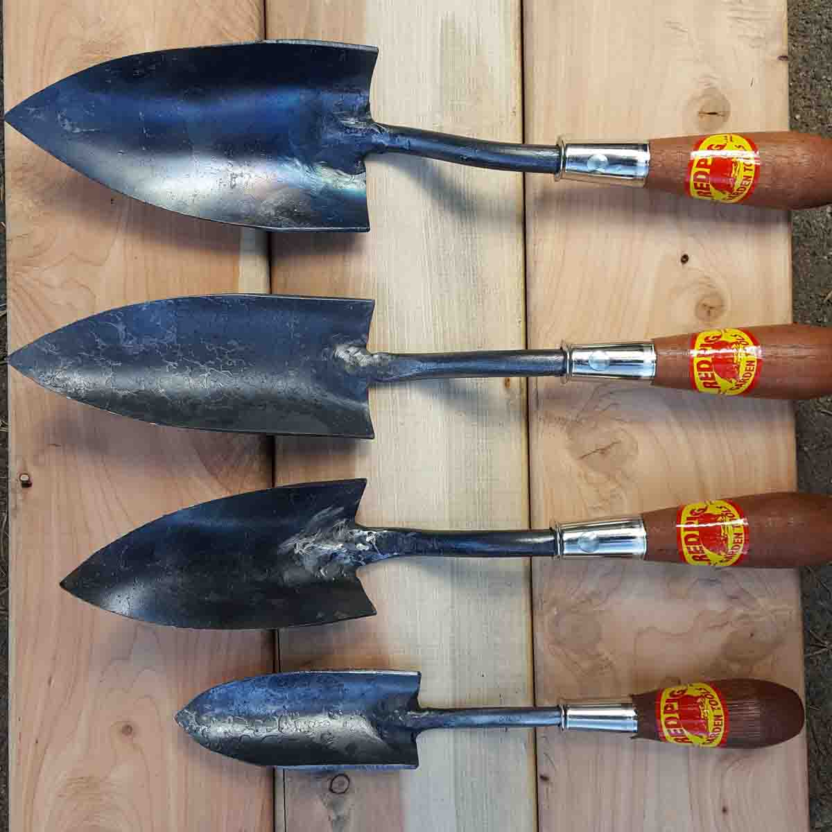 Trowels in the photo from top to bottom; Large 4"; Medium 3"; Small 2 1/2"; and extra-Small 2"