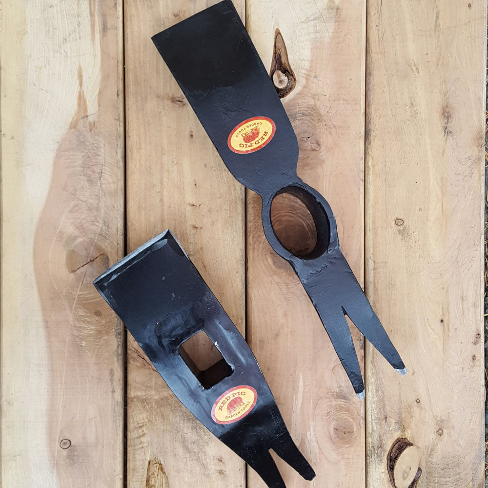 The straight sides and rectangular socket show this old style lightweight blackberry hoe in comparison to our standard 5 lb head version